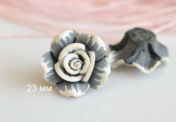 Бусина из полимерной глины №10 Цветок Роза, 23 мм, серая