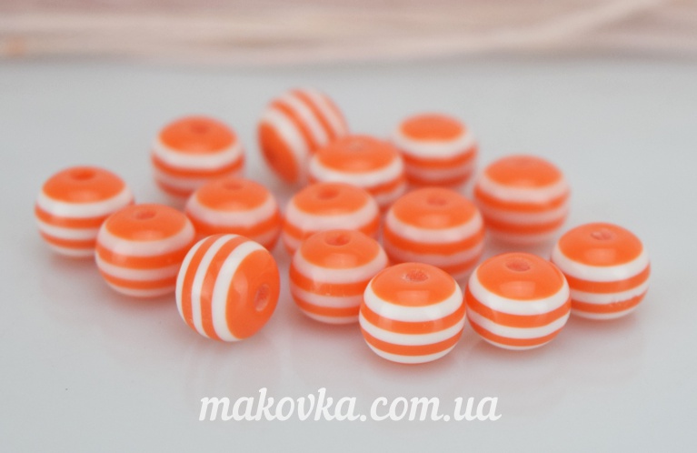 Бусины из смолы, Шар 8 мм, полосатые, 15 шт/уп бело-оранжевые
