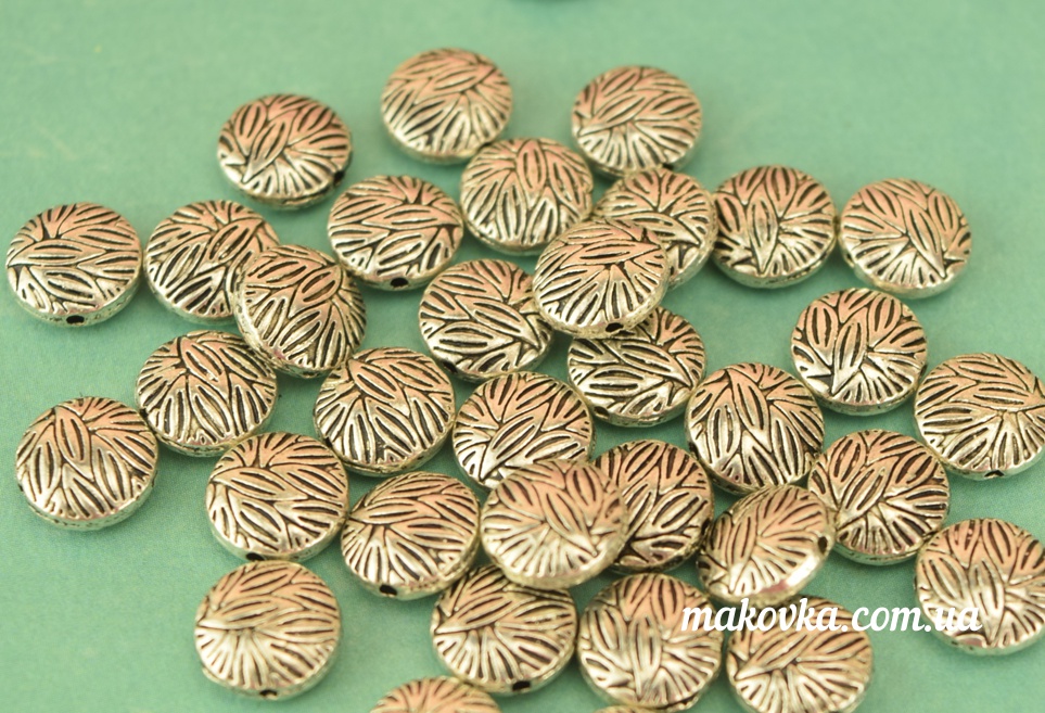 Металлическая бусина №70 Круглая в листьях, античное серебро, 1 шт