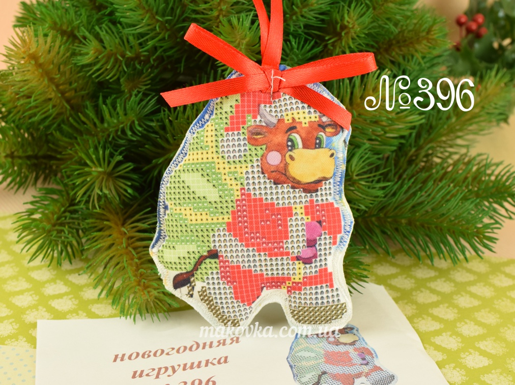 Игрушка на елку №396 Бычок-Санта с ёлочкой, Красуня, фигурная пошитая заготовка для вышивания